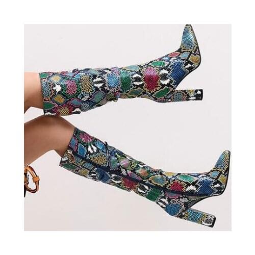 Fashion woman colorful snake print chunky high heel pointed toe knee high boots woman