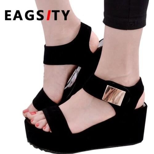 EAGSITY Platform Women wedges peep toe sandals elastic band slip on Mixed color fashion leisure beach sandals