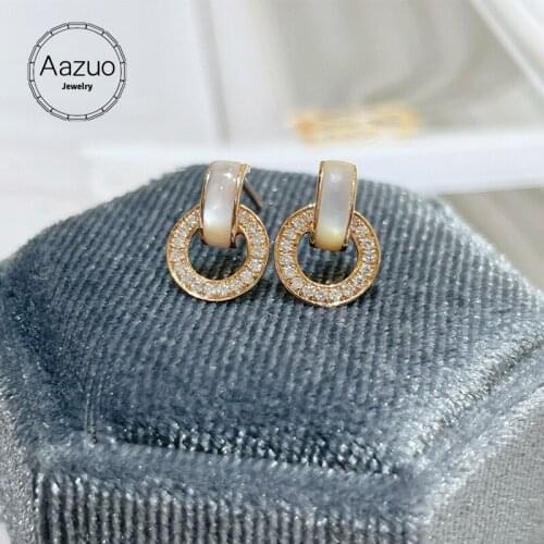 Aazuo 18K Pure Solid Rose Gold Real Diamond Natural White MOP Classic Round Stud Earrings Gifted For Women Wedding Party Au750