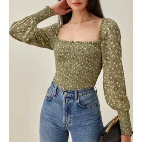 Summer vintage crop top women long sleeve blouses women casual square neck white floral top blouse puff sleeve top ruched