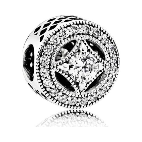 Genuine 925 Sterling Silver Bead Charm Openwork Vintage Allure With Crystal Beads Fit Women Pan Bracelet & Necklace Diy Jew