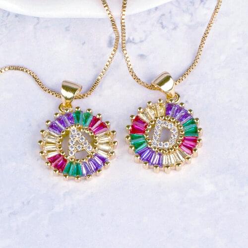 Fashion Women A-Z Initials Necklace Rainbow Micro Pave CZ Name Letter Charm Pendant Necklaces Gold Chain Jewelry For Female Gift
