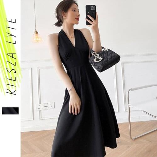 Black Dress Summer 2021 New French Hepburn Style Deep V Neck Halter Elegant Ladies Dresses For Women Robe Femme