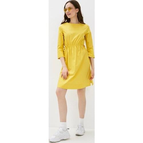 Women Casual Off Lady A-line Solid Belt Dress O-neck Three Quarter Vintage Mini Party Dress Yellow 2021 New Fashion Autumn Dress