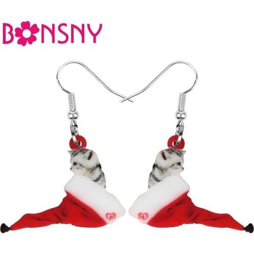 Bonsny Acrylic Christmas Short Hair Cat Kitten Earrings Drop Dangle Sweet Animal Jewelry Women Girls Teens Party Decoration Gift