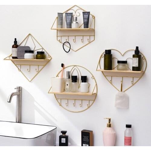 Wood Base Heart Geometric Wall Shelf with Hooks Multifunctional Wrought Iron Creative Wall Mounted Storage Rack for Living Room