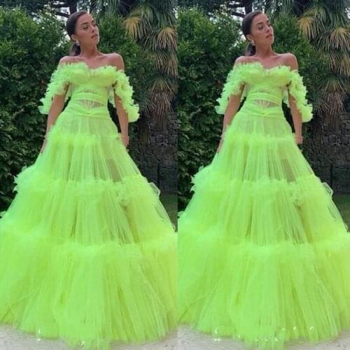 Off Shoulder Fluorescence Color Ball Gown Prom Dresses Floor Length Party Tulel Dress Formal Evening Gown vestidos 2020 New