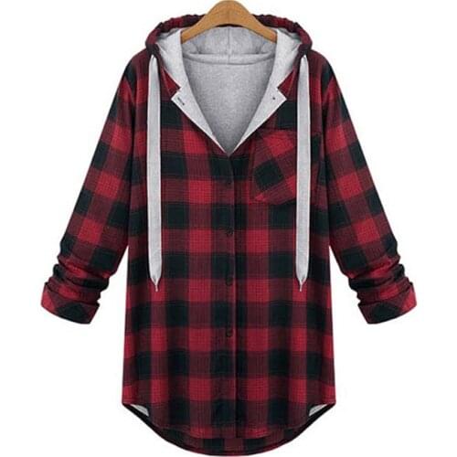 AECU Womens Hoodies Streetwear Hoodies Oversize Coat Classic Plaid Female Outwear Hooded Patchwork Plaid Long Sleeve Shirt