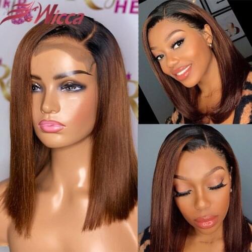 Short Bob Ombre Brown 13x2 T Lace Human Hair Wigs Straight Short Bob Wigs 180% Colored Brown Brazilian Lace Frontal Wigs