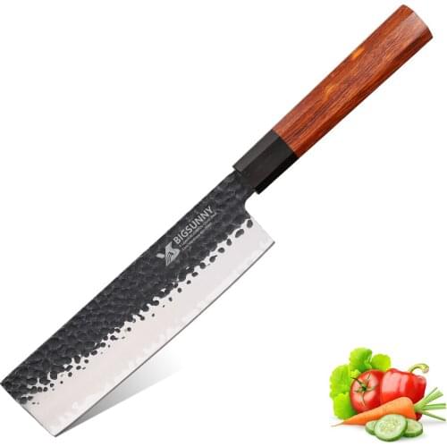 BIGSUNNY 7.8” Forged Cleaver Knife Nakiri Knife 3 Layers 9CR18MOV Clad Steel with Octagonal Rosewood Handle