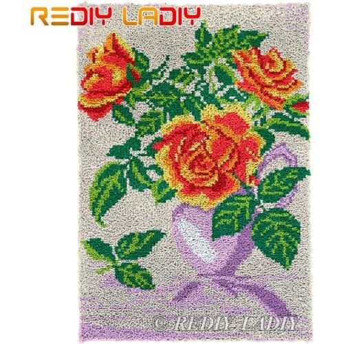 Latch Hook Rug Chunky Yarn Tapestry Kits DIY Carpet Rug Rose in Vase Knitted Floor Mat Crochet Cushion Arts & Crafts 57*85cm