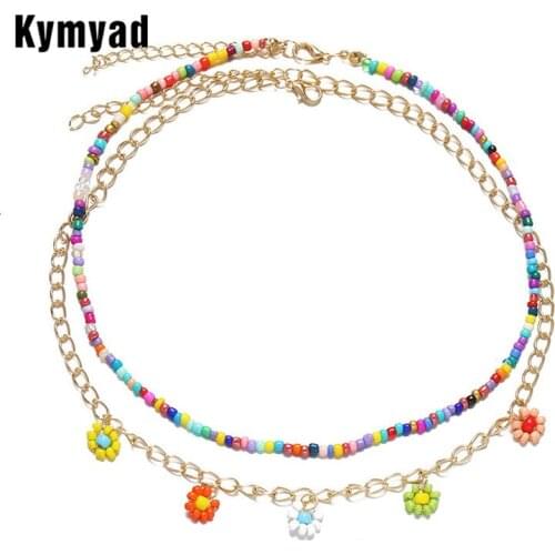 Kymyad Bohemia Multilayer Choker Necklace For Women Bijoux Femme Flower Pendant Necklaces Simulated Pearl Jewelry Necklaces