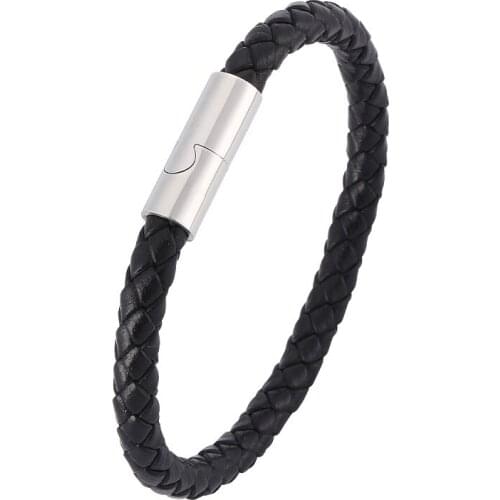 New Simple 6mm Black/Brown Leather Braided Bracelet Men Women Fashion Jewelry Personality Magnetic Clasp Wrist Band Gifts PD0409