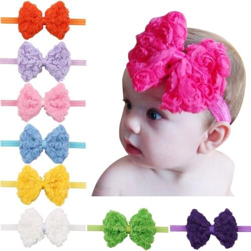 10Colors 0-3Years Infant Girls Double Embroidered Roses Headband Kids Lace Chiffon Bow Baby Party Dress Up Hair Bands Headdress