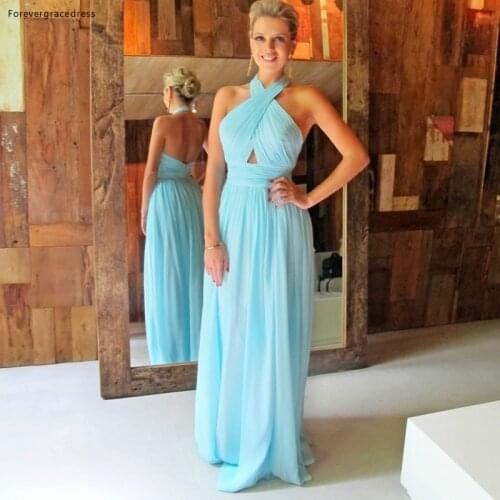 New Halter Backless Ice Blue Bridesmaid Dress Cheap Chiffon Ruffles Maid of Honor Gown Custom Made Plus Size