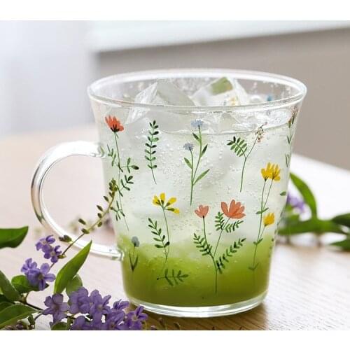 Flower Coffee Milk Glass Cup with Handle Breakfast Coffee Mug Champagne Cute Cup Mason Jar Tea Cup Set Szklanki Drinking Glasses