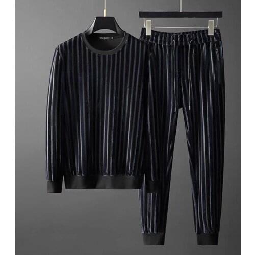 Light luxury soft stretch mens suit 2020 autumn and winter new striped suede casual sports mens slim two-piece trend