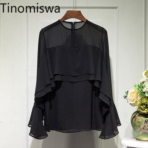 Tinomiswa 2021 New Korean Style Chiffon Blouse Women Ruffles O Neck Long Sleeve Shirts Slightly Transparent All-match Chic Tops