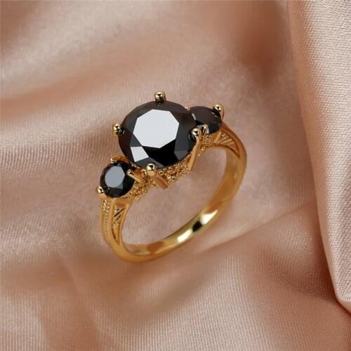 Vintage Black Zircon Three Stone Rings For Women Men Antique Jewelry Yellow Gold Engagement Ring Bridal Crystal Wedding Bands