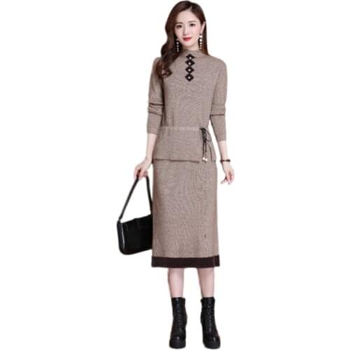 High Quality Office Lady Work Dress Elegant Slim Womens Knitted Dresses in Autumn Winter Belt Large Size Female Sweater Dress