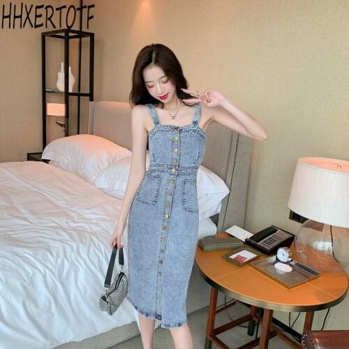 2021 new fashion suspenders waist sexy single-breasted mid-length denim suspender skirt casual split design blue denim suspender