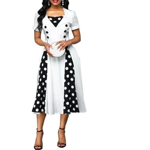 Woman Dress 2021 Summer Casual Plus Size Slim Patchwork Dot Print Ball Gown Dresses Women Sexy Vintage Office Long Party Dress