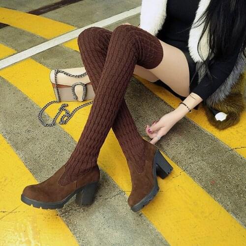 Womens Boots Autumn Winter Thigh High Boots for Woman Shoes Knitting Wool Long Boot Women Brown/Black Boot Ladies Shoes