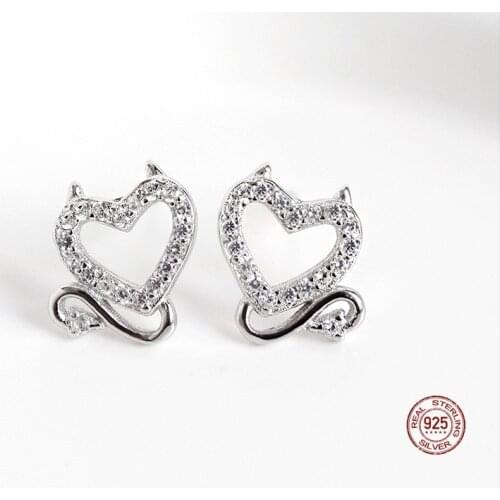 LKO Heart-Shaped Devil Stud Earrings S925 Sterling Silver Shining Zircon Perforation Stud Earrings For Women Fashion Jewelry