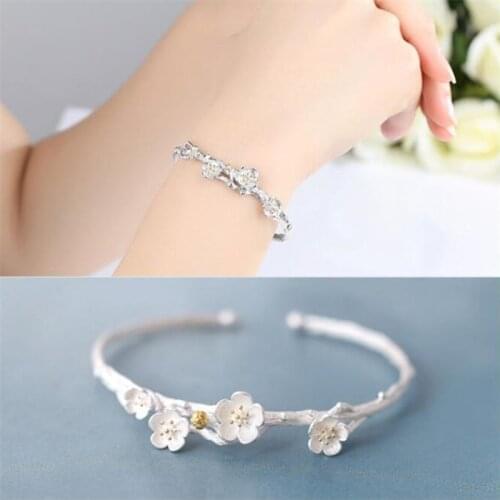 Season Gate 925 Sterling Silver Literary Branches Cherry Blossoms Flower Adjustable Size Open Bracelets for Women Girls SB002