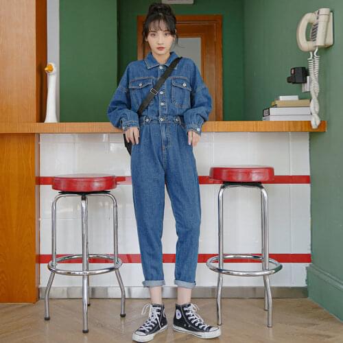 Women 2021 Spring Autumn Overalls Denim Jumpsuit Female High Waist Jeans Straight Pants Long Sleeve Cowboy Playsuit Rompers Y170