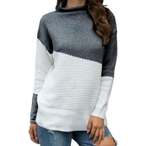 Women Sweater Color Block Irregular Sleeves Knitwear Autumn Winter Loose Rolled Half Turtleneck Knitted Top Pullover Streetwear
