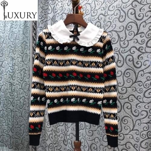 Sweaters 2020 Autumn Pullover Winter Fashion Knit Wear Women Peter Pan Collar Striped Flower Patterns Knitting Jumpers Casual