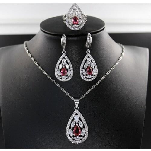 Funmode 3PCS Red CZ Pendant Beauty Drop Shape Dubai Jewelry Sets For Women Bridal Set pulseras Wholesale FS129