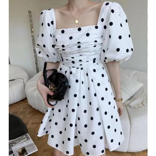 Dot Plaid Print Women Slim Waist Mini Robe Summer 2021 Square Collar Vintage Ladies Pleated Puff Sleeve Backless Sweet Dresses