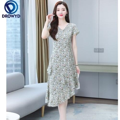 Floral Dress Womens Mid-length 2021 Summer New Slim and Thin Temperament Irregular Fishtail Chiffon Dress Fashion V-neck Dress