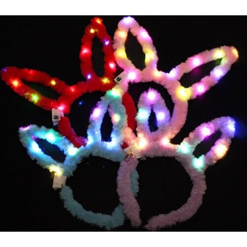 LED Light Luminous Furry Rabbit Ears Bunny Ear Headband Hair Band Hoop Valentines Day Easter Birthday Party Decoration Christmas