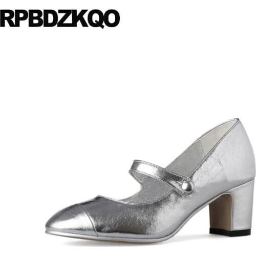 2021 Round Toe European Silver White Italian Chunky Medium Heels Thick High Block Pumps Mary Janes Women Shoes Size 4 34 Ladies
