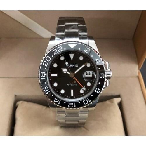 40mm PARNIS Sapphire Crystal GMT Automatic machinery movement mens watches Black ceramic bezel pa170-pp8