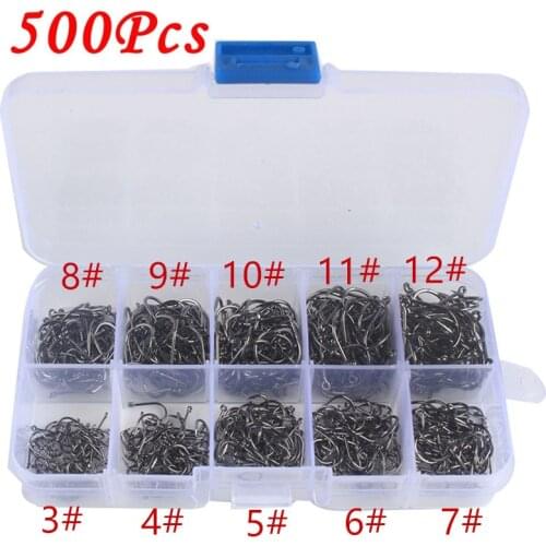 500pcs/box 10 size Fishhooks Carbon Steel Fishhook Bass Barbed Carp Fishing Hook Tackle Accessories 3#-12# For Soft Worm Lure