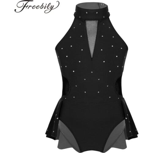 Kids Girls Sparkly Rhinestone Mesh Splice Gymanstics Leotard Dress Girl Ballroom Dance Wear for Childrens' Performance Costumes
