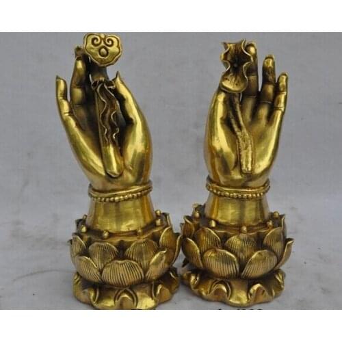 Hui88K721++8"Tibet Buddhism Religion Brass lotus flower ruyi Kwan-Yin Buddha Hand Statue