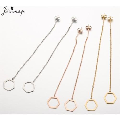 Jisensp Unique Hexagon Drop Line Long Earrings for Women Stainless Steel Jewelry Simple Hanging Earrings Bridesmaids Gift