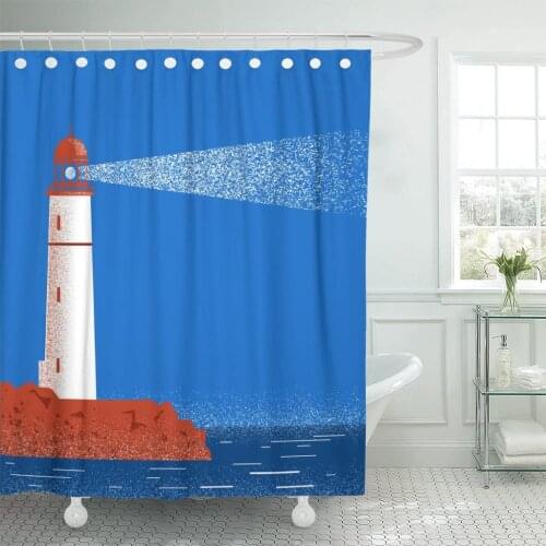 Red Beach Lighthouse Blue Seascape Horizon in Night Time Shower Curtain Waterproof Polyester Fabric 60 x 72 Inches Set with Hook