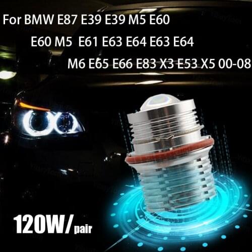 2pcs Bright Lamp 6000K 120W LED Angel Eyes Marker Lights Bulbs for BMW E87 E39 M5 E60 E61 E63 E64 M6 E65 E66 E83 X3 E53 X5 00-08