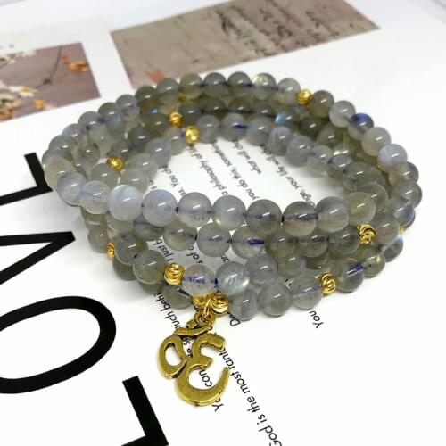 Fashion Necklace Not Glass 74cm Women Bracelet Natural Labradolite Moon Stone 6mm Round Bead Mala Yoga Necklace Fashion Jewelry