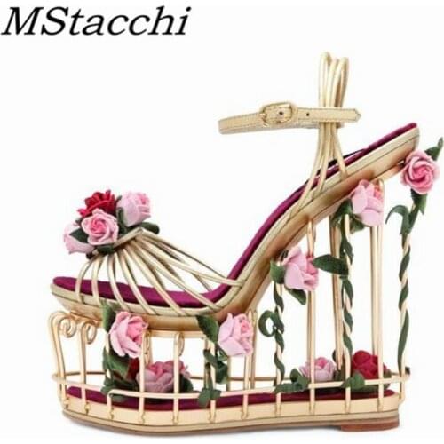 MStacchi Fashion Womens Party Sandals Bird Cage Buckle Metal Decoration Hollow Out Shoes Rose Flower Sandalias Plataforma Mujer