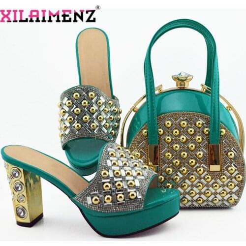 Latest Style Ladies Elegant Slippers With Matching Bag Set Teal Rhinestone High Heels Shoes And Bag Set For Evening Party