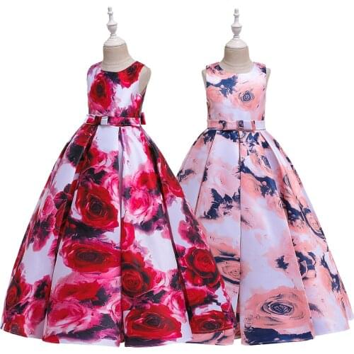 Floral Print Rose Dress For Girls Dresses Kids Wedding Events Frocks Flower Girl Dress Birthday Party Costumes 6 8 10 12 14 16 Y