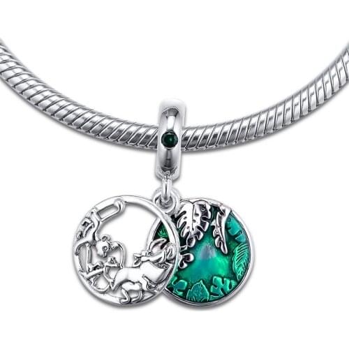 Lion & Friends 925 Sterling Silver Charms for Bracelets & Bangles Jewelry Green Enamel Pendant Charms for Jewelry Making