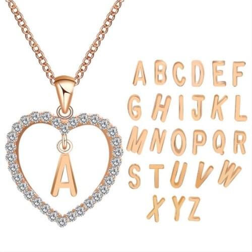 Simple Heart Womens Necklace Pendant A-Z 26 Letters Initials Crystal Necklaces For Woman Anniversary Sister Jewelry